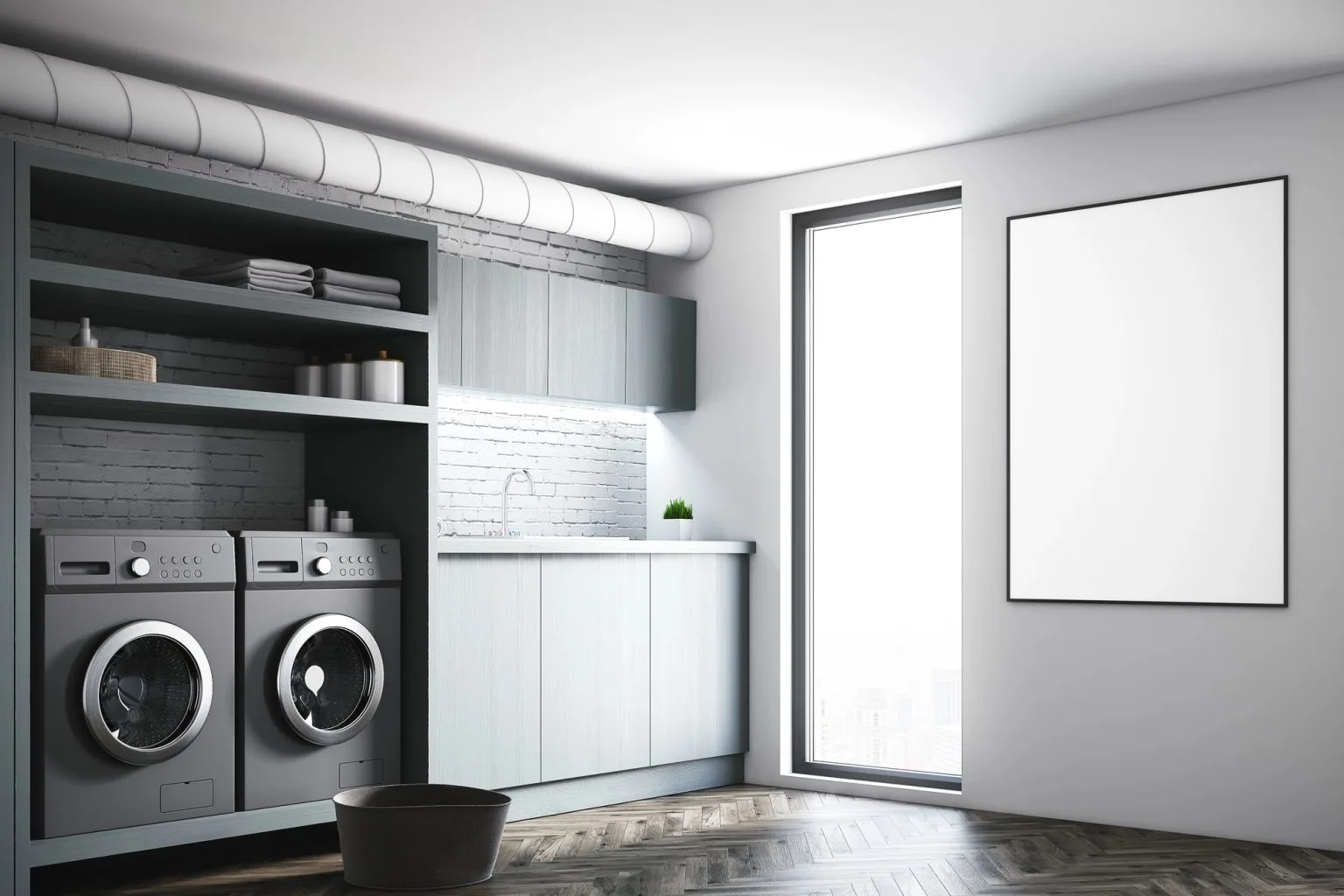 Grey fitted laundry with open shelving and sink