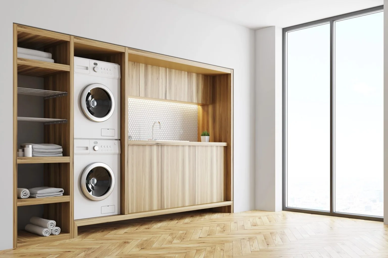 Stacked washer and dryer in timber cabinetry with hex-tile splashback