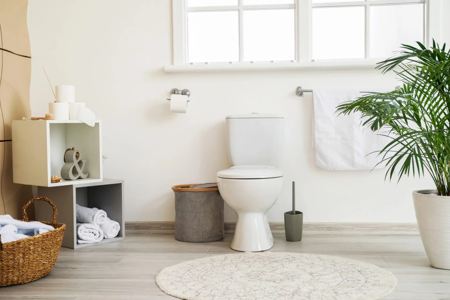 Clean modern toilet renovation with plant and towel rail